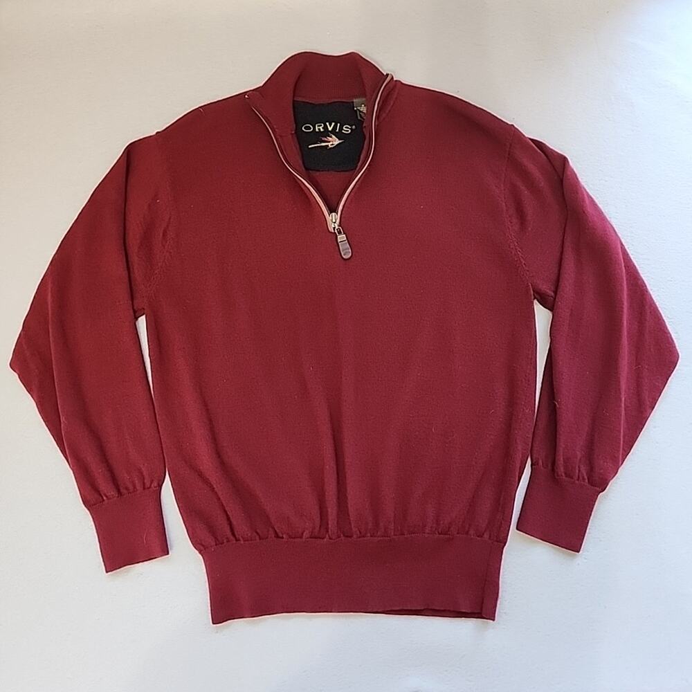 Orvis Mens M Quarter Zip Sweater 100 Wool Maroon‎ Red Burgundy